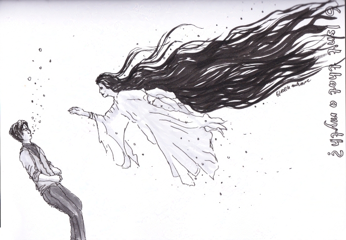 boy underwater being approached by a woman in white gown and flowy hair